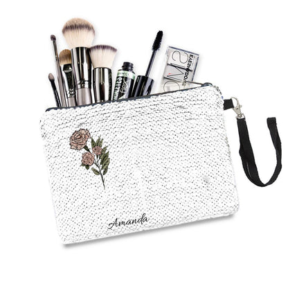 Personalized Birth Month Flower Sequin Makeup Bag - CosmeticBags - BuyEcEc