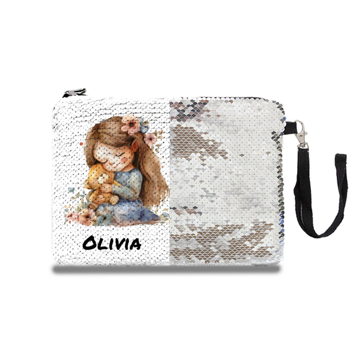 Personalized Little Girl with Bear Sequin Makeup Bag - CosmeticBags - BuyEcEc