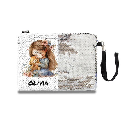 Personalized Little Girl with Bear Sequin Makeup Bag - CosmeticBags - BuyEcEc