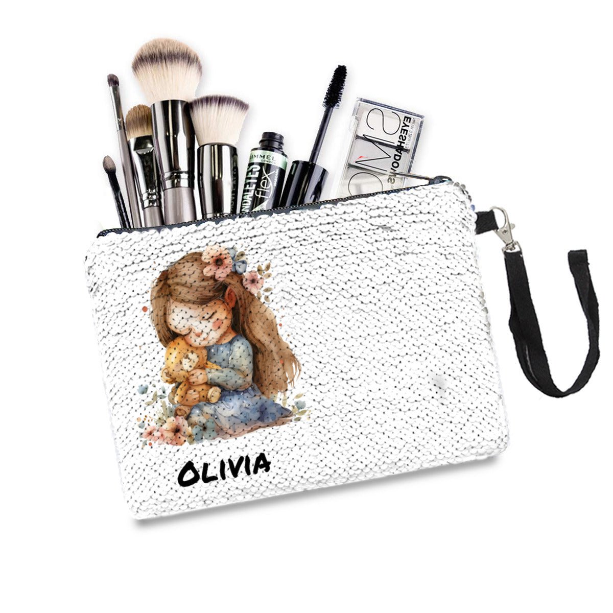 Personalized Little Girl with Bear Sequin Makeup Bag - CosmeticBags - BuyEcEc