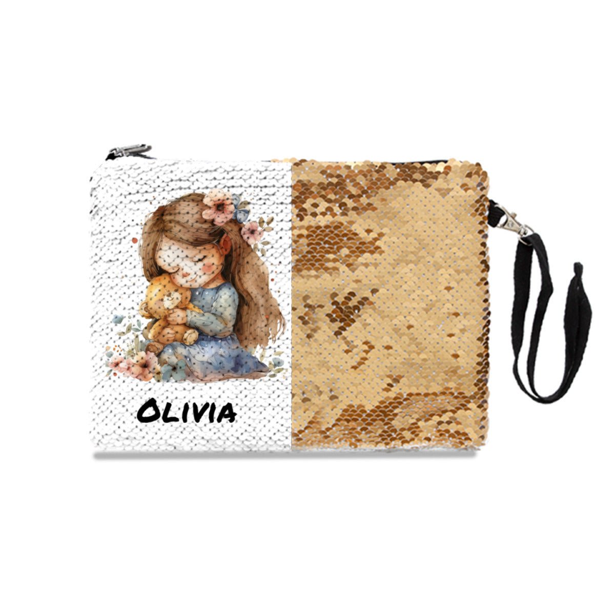 Personalized Little Girl with Bear Sequin Makeup Bag - CosmeticBags - BuyEcEc