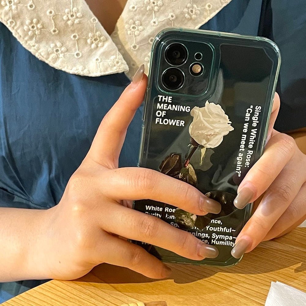 Romantic Single White Rose Clear iPhone Case 14 13 12 11 Pro Max Mini X XS Max XR 7 8 Plus SE 2020 - iPhoneCases - BuyEcEc