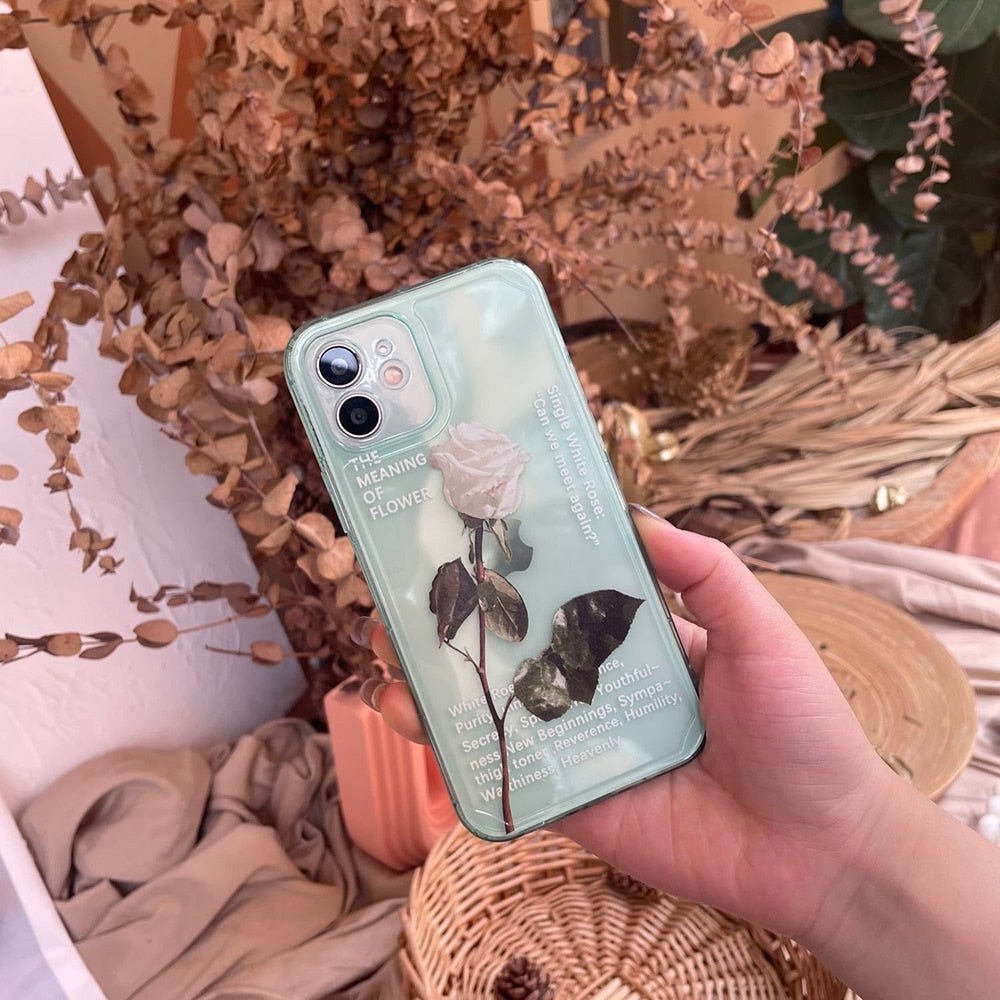 Romantic Single White Rose Clear iPhone Case 14 13 12 11 Pro Max Mini X XS Max XR 7 8 Plus SE 2020 - iPhoneCases - BuyEcEc