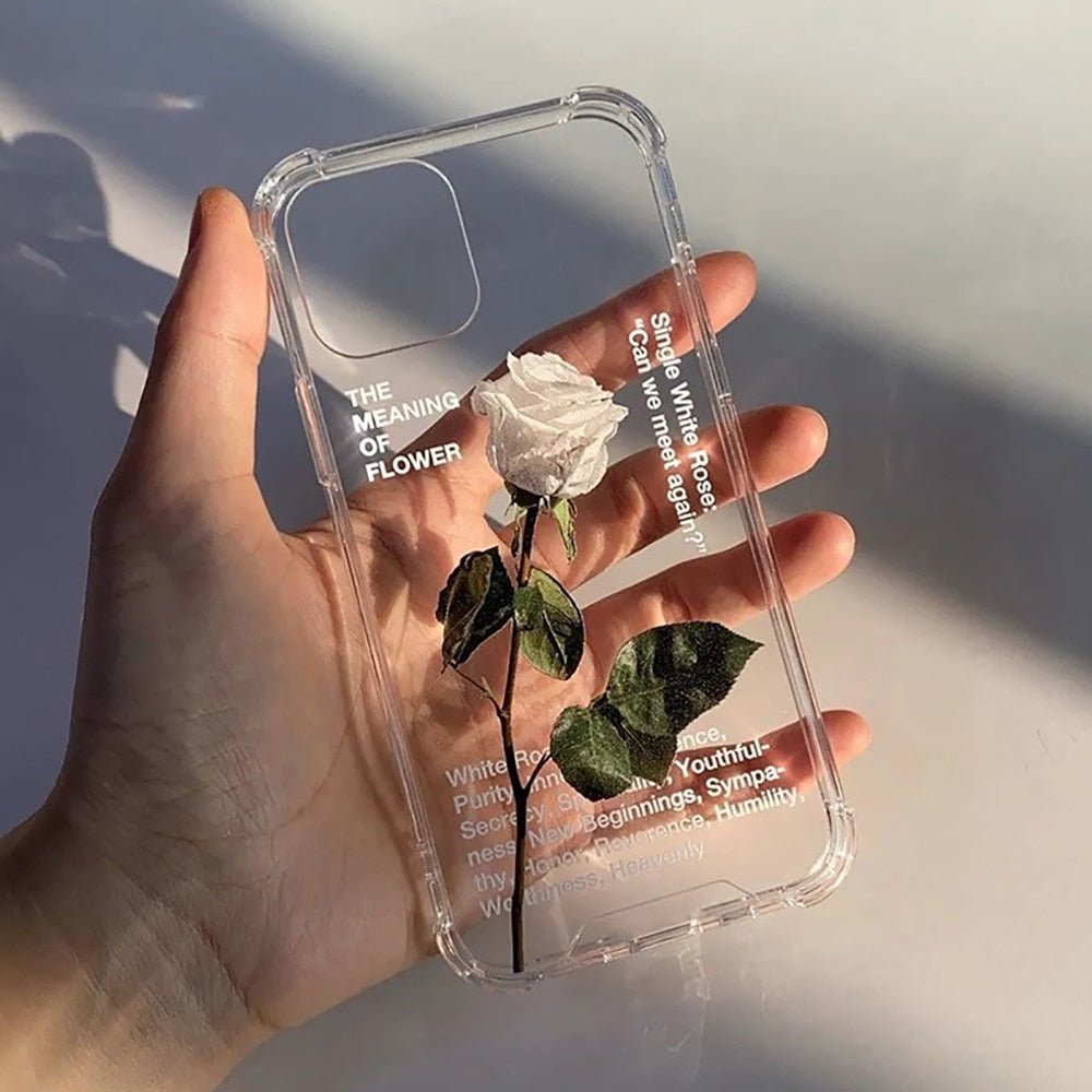 Romantic Single White Rose Clear iPhone Case 14 13 12 11 Pro Max Mini X XS Max XR 7 8 Plus SE 2020 - iPhoneCases - BuyEcEc