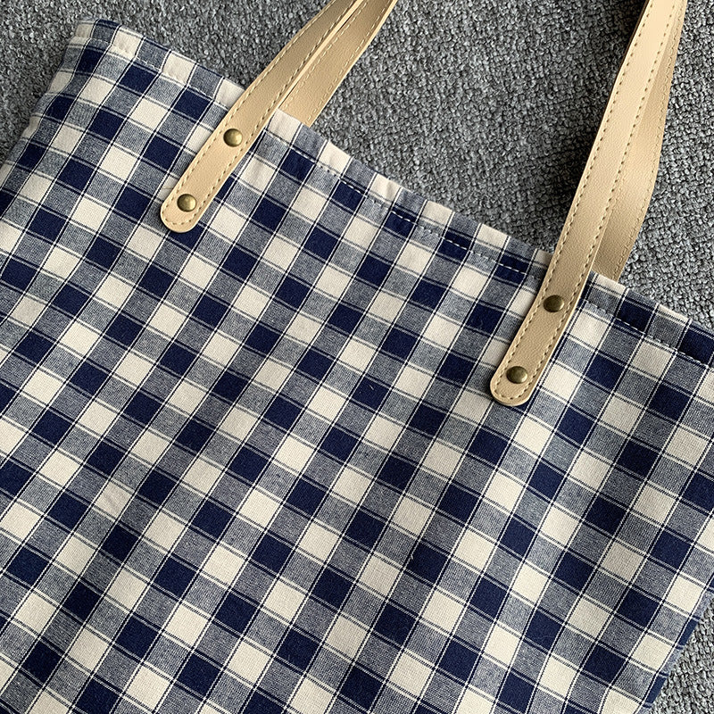 Checkered Tote bag, Woman Canvas Bag, cotton bag, Pastel, handmade, leather handle, reusable, , large bag