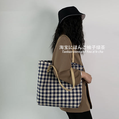 Checkered Tote bag, Woman Canvas Bag, cotton bag, Pastel, handmade, leather handle, reusable, , large bag